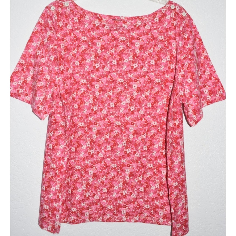 Talbots 2Xp Top Red/Pink Floral‎ Button Shoulder Pullover Short Sleeve Petite